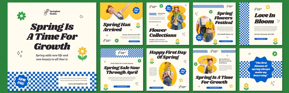 Contoh konten social media florist dengan tema biru kuning - desain feed Instagram toko bunga