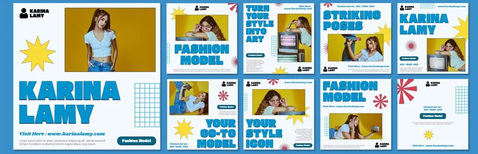 Contoh konten social media retro vintage dengan tema biru kuning - desain feed Instagram unik