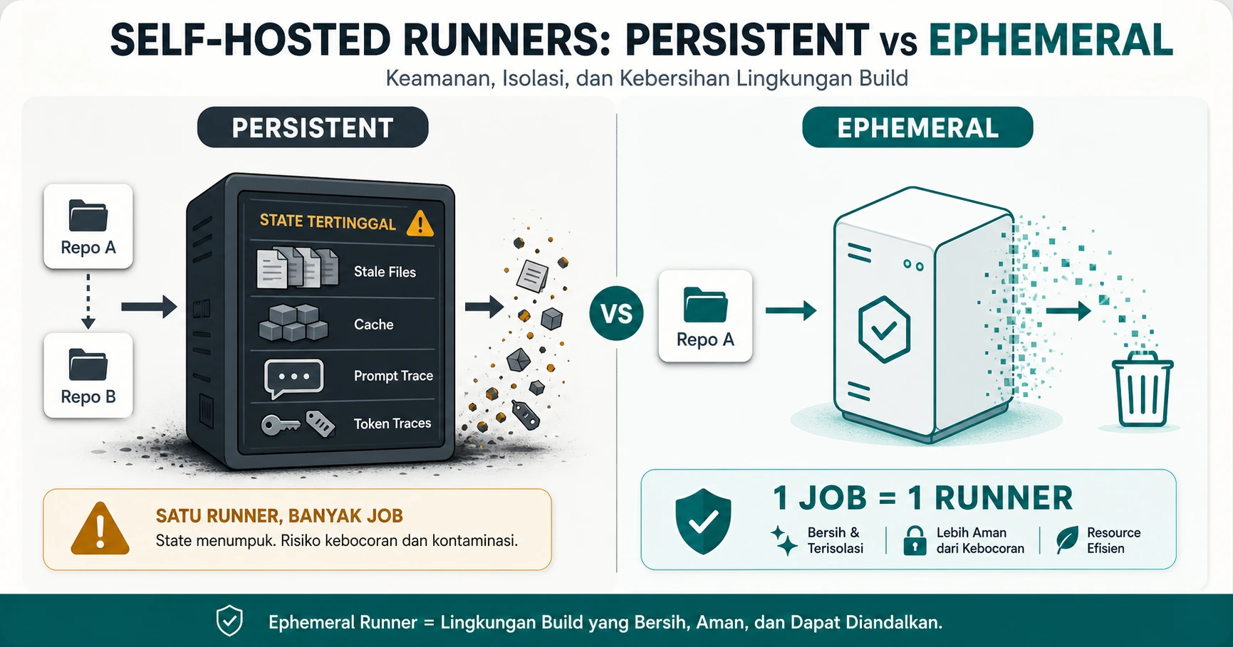 Risiko state lintas job pada persistent self-hosted runner dibandingkan ephemeral runner satu job satu environment