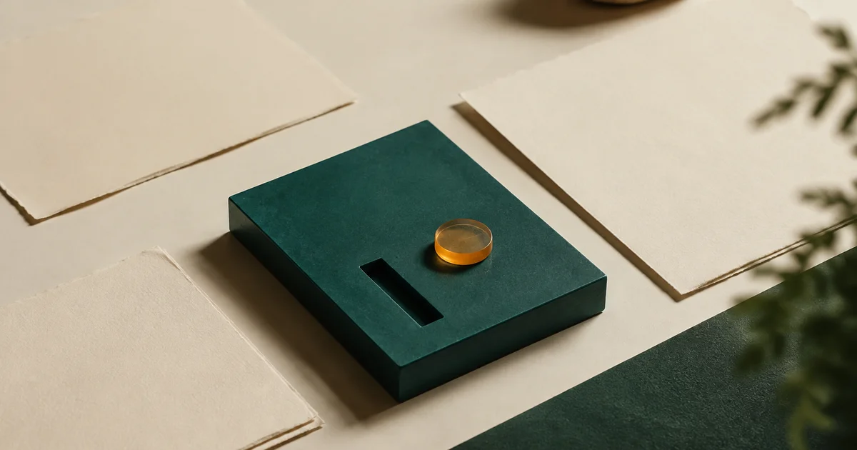 Susunan lembar kerja terpisah dan modul teal dengan penanda amber di atas meja berwarna hangat.
