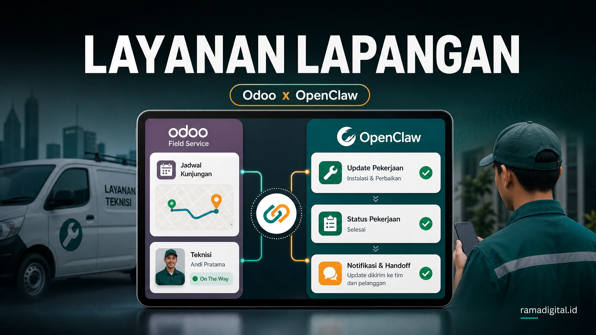 Integrasi Odoo Layanan Lapangan dengan OpenClaw untuk Jadwal kunjungan teknisi dan update pekerjaan lapangan
