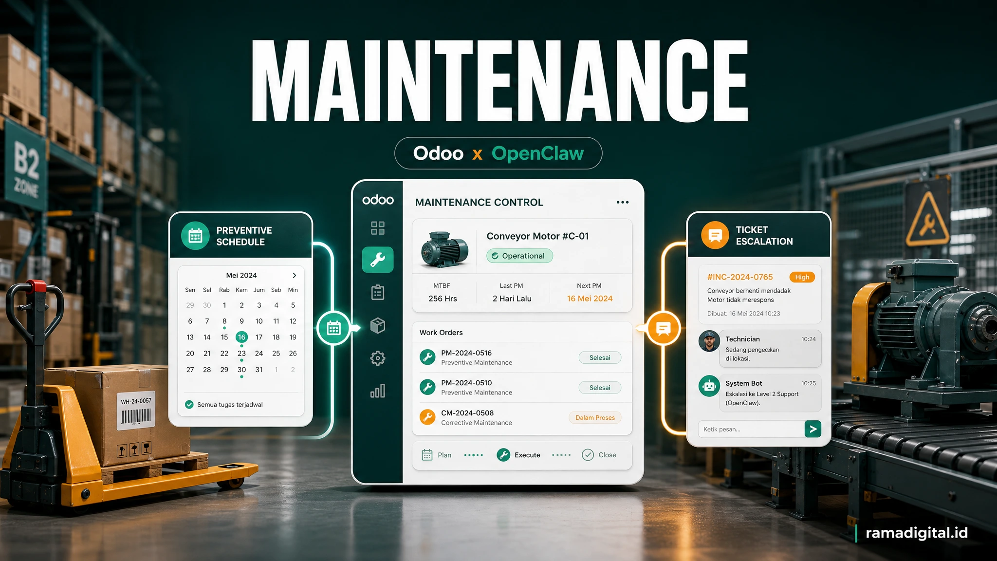 Integrasi Odoo Maintenance dengan OpenClaw untuk Preventive maintenance dan eskalasi ticket equipment