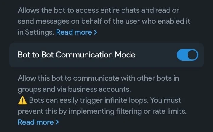 Tampilan Bot to Bot Communication Mode di BotFather Mini App