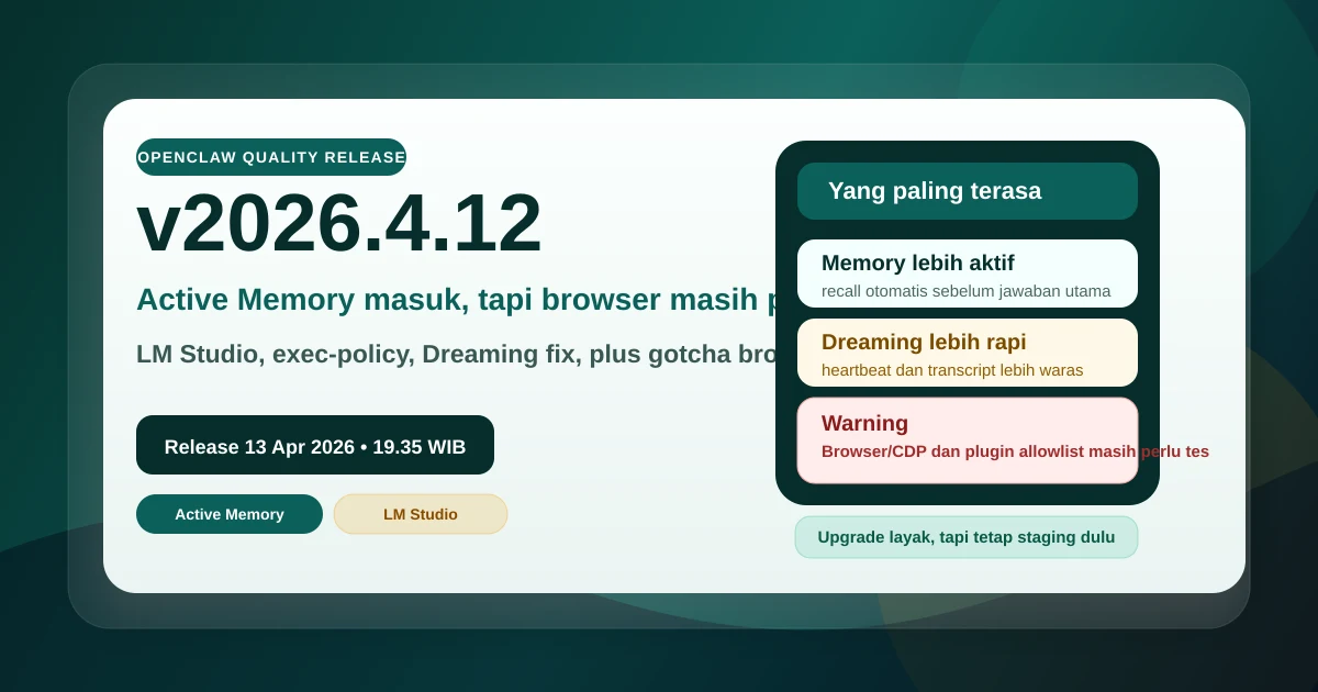 Update OpenClaw v2026.4.12: Active Memory, LM Studio, dan Dreaming Lebih Rapi