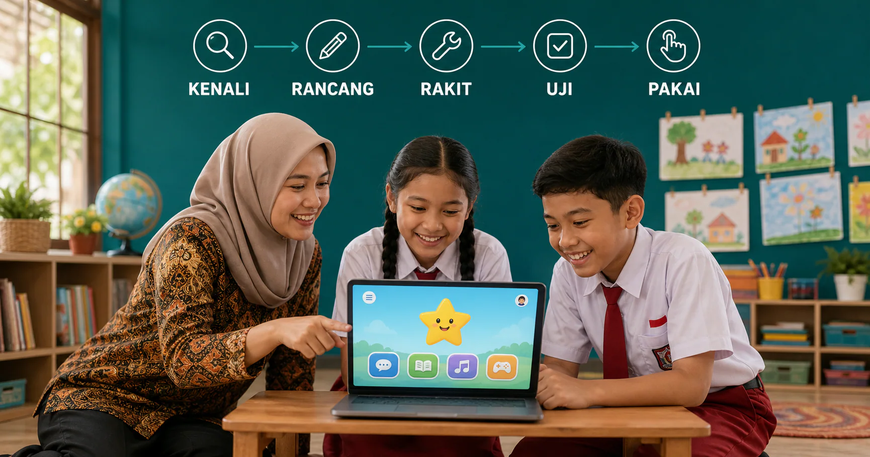 Guru SD mendampingi dua siswa berseragam merah putih membuat asisten AI sederhana di laptop