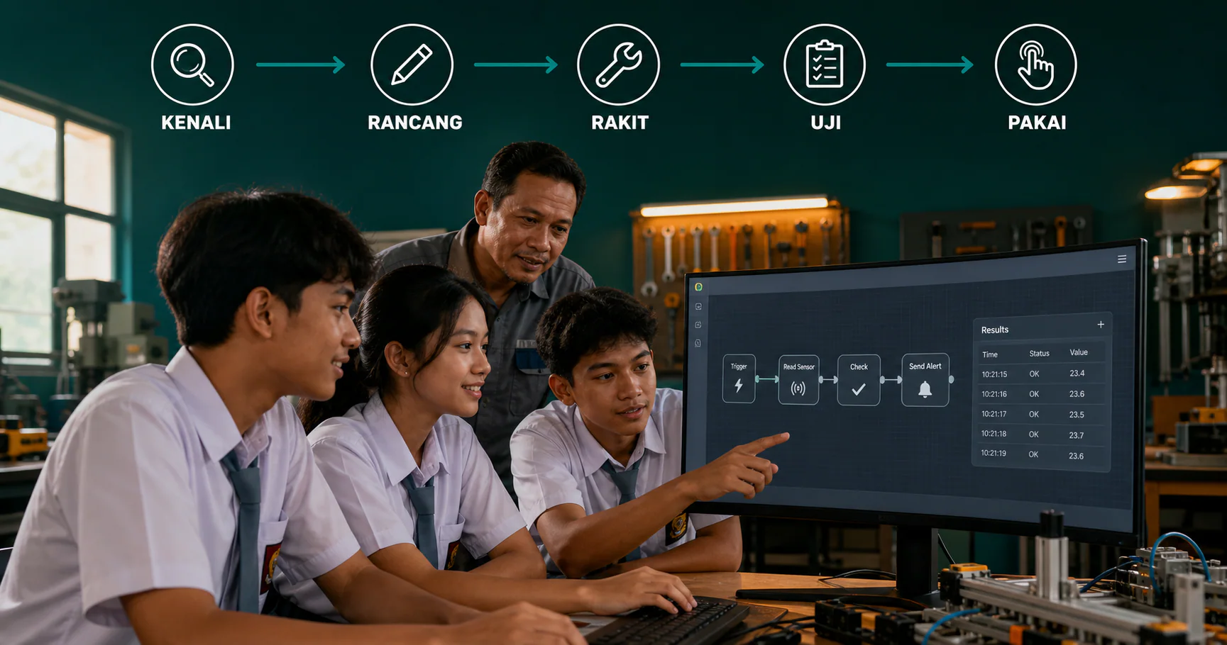 Siswa SMK berseragam abu abu membangun alur otomasi AI di monitor lebar bersama gurunya