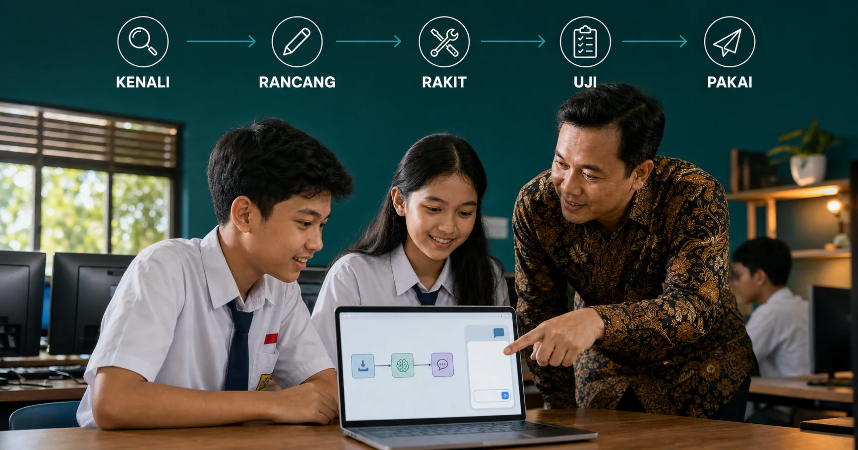 Dua siswa SMP berseragam biru putih merakit agent AI no-code didampingi gurunya