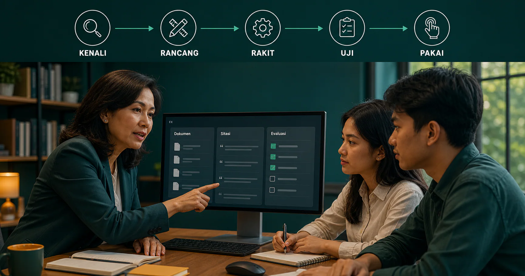 Dosen dan mahasiswa mendiskusikan agent AI untuk riset dan publikasi di ruang kampus modern
