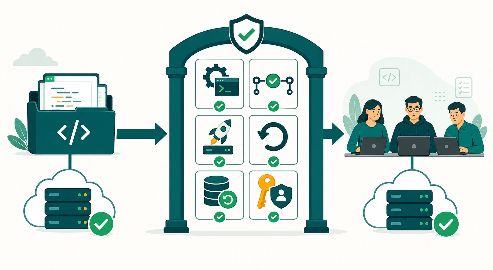 Alur clean-room takeover test: setup, build, deploy, rollback, restore, dan transfer ownership