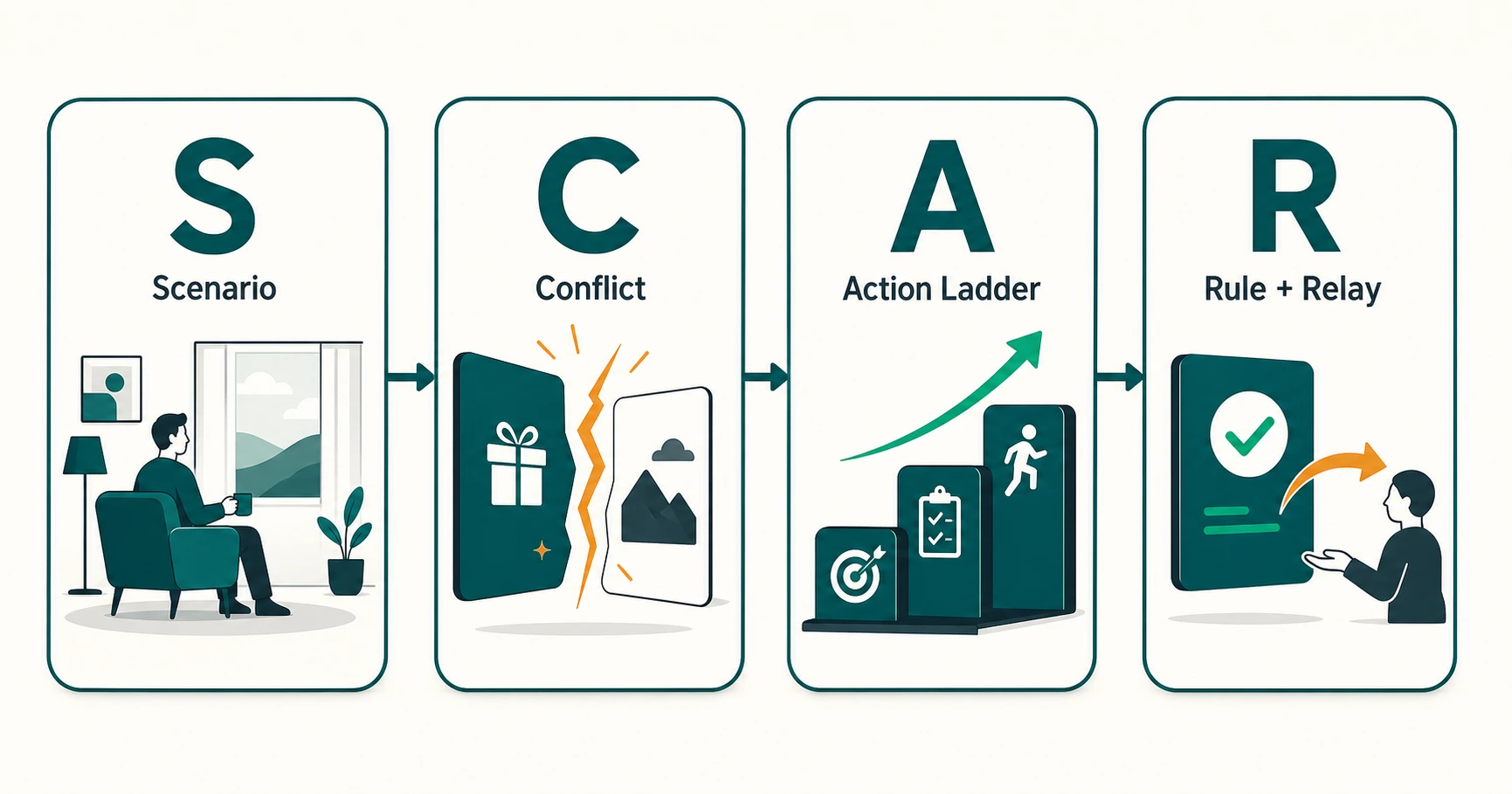 Diagram SCAR Framework: Scenario, Conflict, Action Ladder, Rule dan Relay