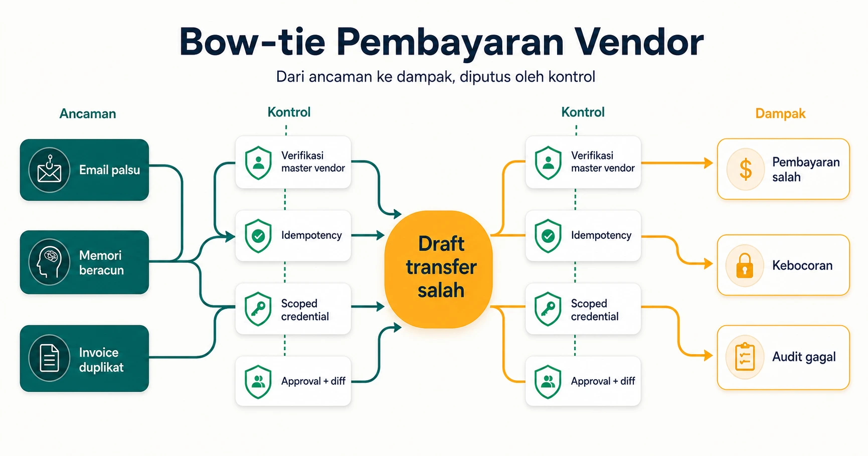 Bow tie threat model untuk pembayaran vendor Tengah Amber Draft transfer salah Kiri Rama Teal email palsu memory beracun invoice dupl