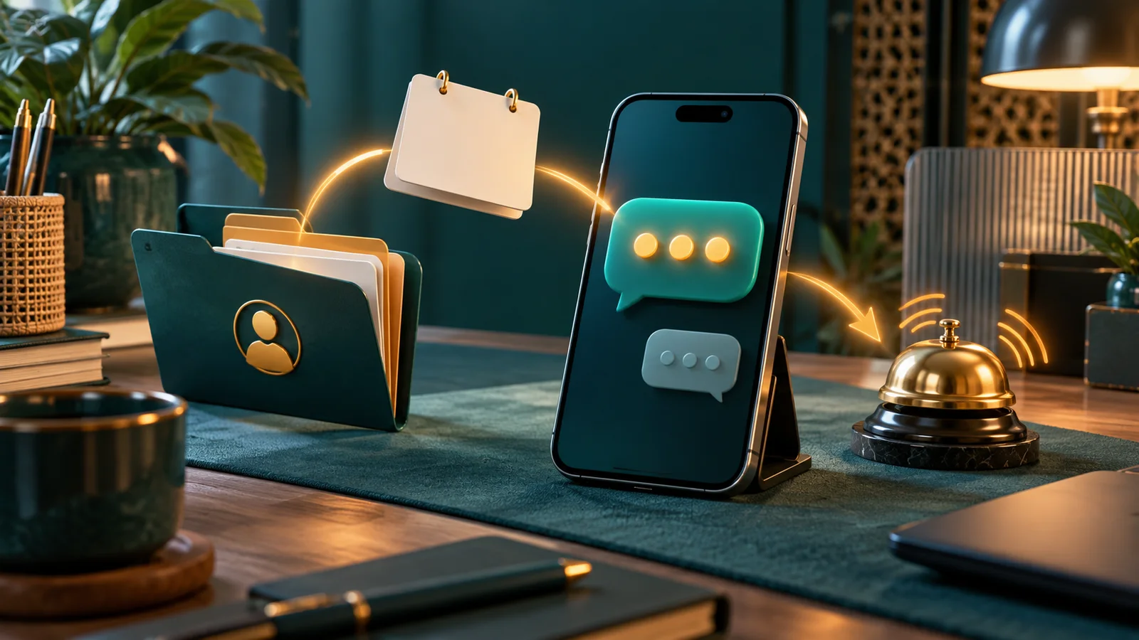 Ponsel memicu rangkaian tindak lanjut pelanggan di meja kerja, menggambarkan CRM agentic dibanding chatbot biasa.