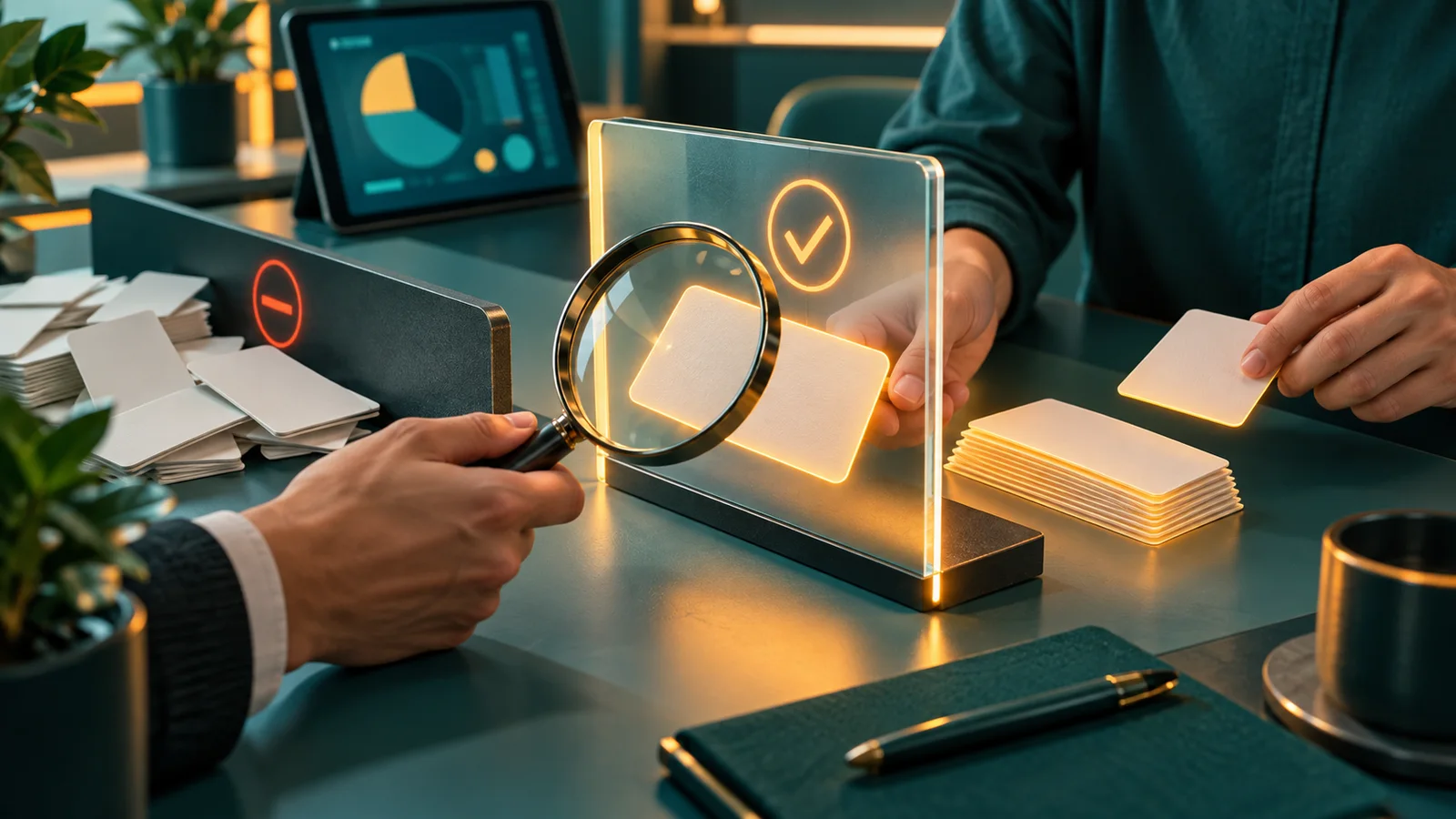 Tangan peserta pelatihan menyaring kartu data kosong sebelum tablet, dengan penghalang transparan dan pemeriksaan manusia.
