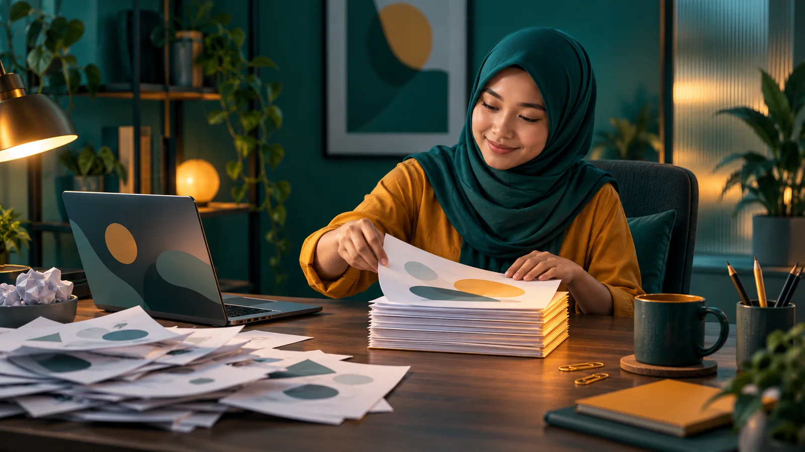 Editor konten merapikan draf abstrak menjadi tumpukan halaman yang tertata di ruang kerja rumah.