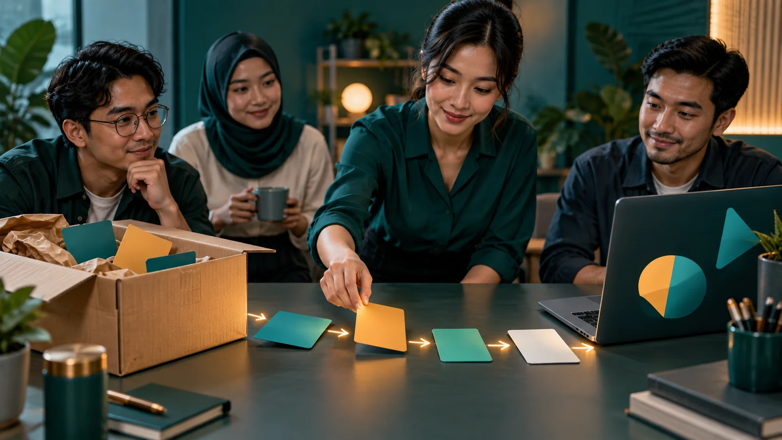 Trainer AI membimbing tim usaha menyusun alur kerja dari paket pelanggan hingga laptop di kantor Jakarta.