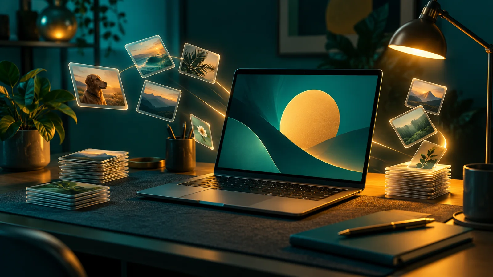Laptop menampilkan bentuk abstrak saat kartu-kartu kenangan tersusun rapi di meja kerja malam hari.
