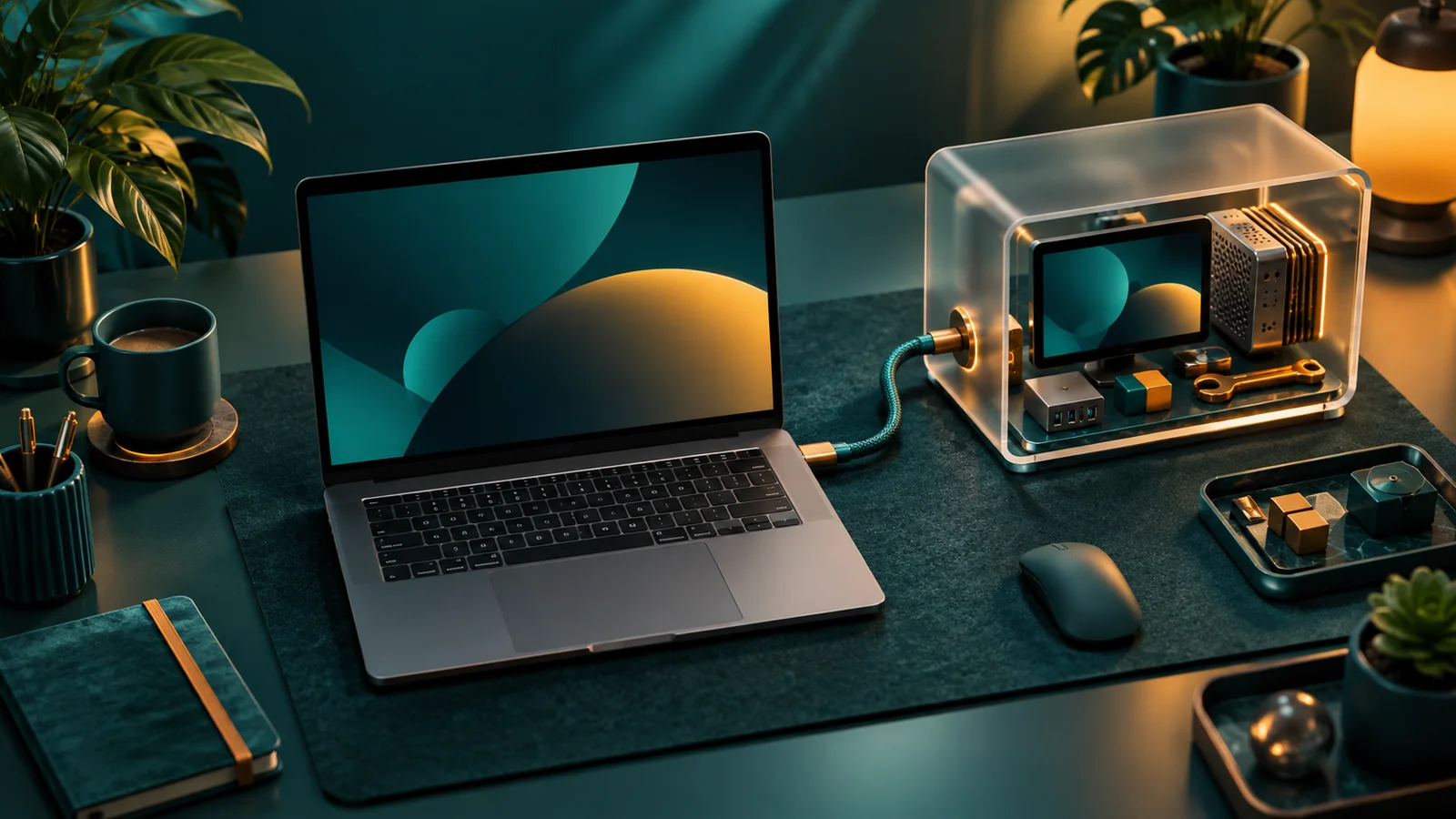 Laptop utama terhubung kabel ke workstation terpisah dalam kotak transparan, melambangkan jalur ACP untuk harness eksternal.