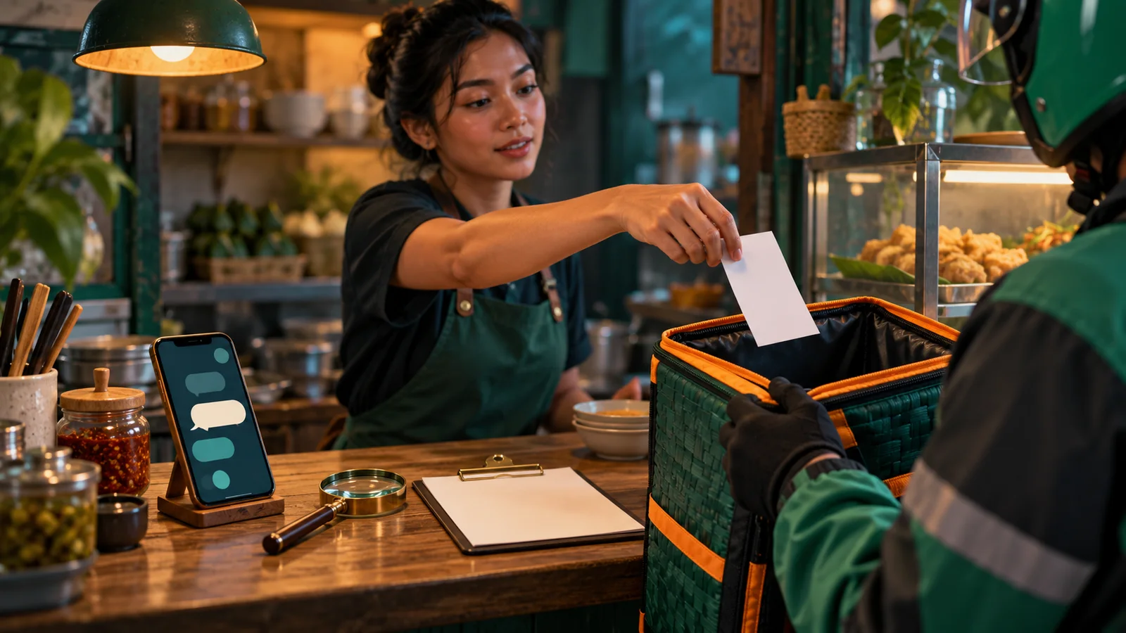 Pemilik warung meneruskan hasil AI ke tas kurir tanpa memeriksa bukti, dengan kaca pembesar dan checklist kosong terabaikan.