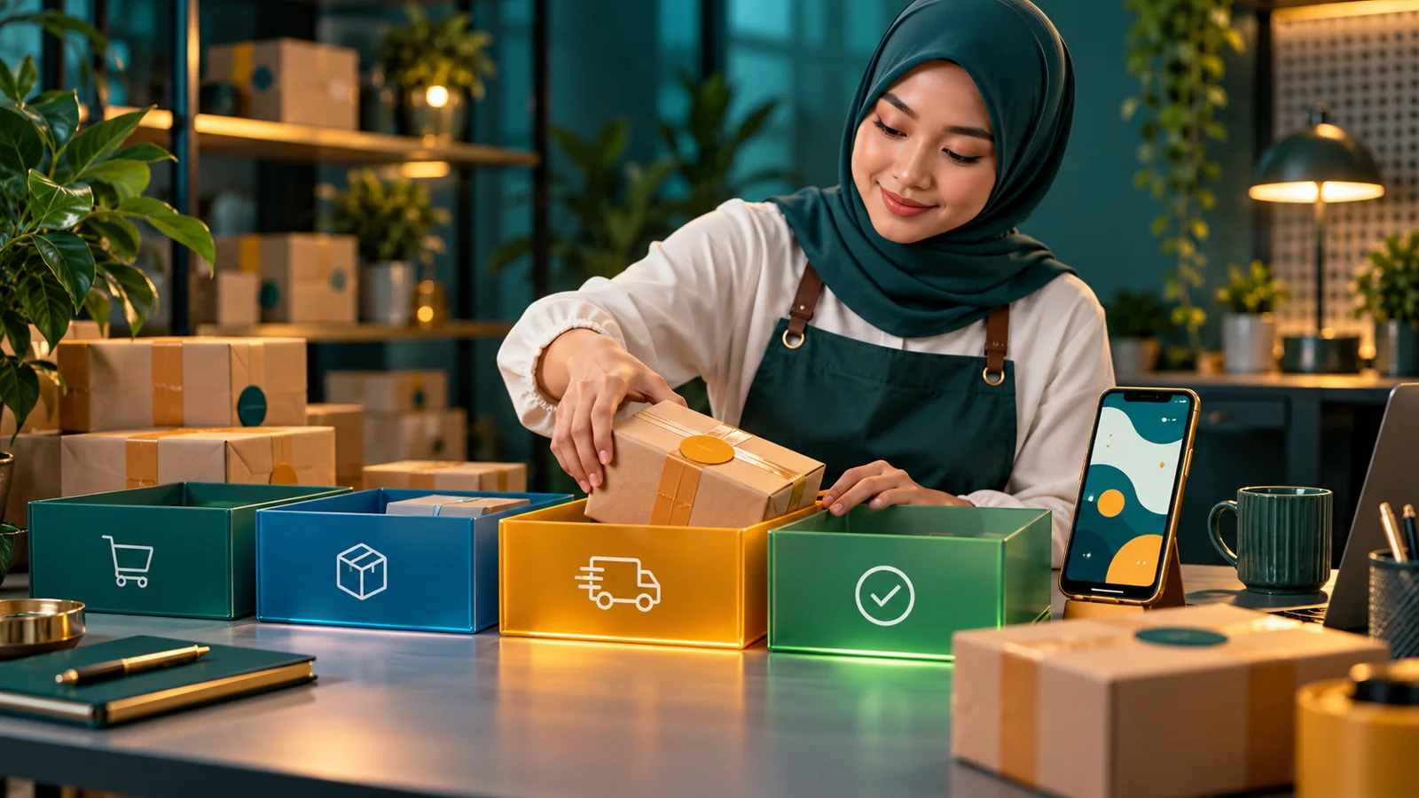 Pemilik toko online menata paket di meja kerja dengan ponsel dan baki alur kerja.