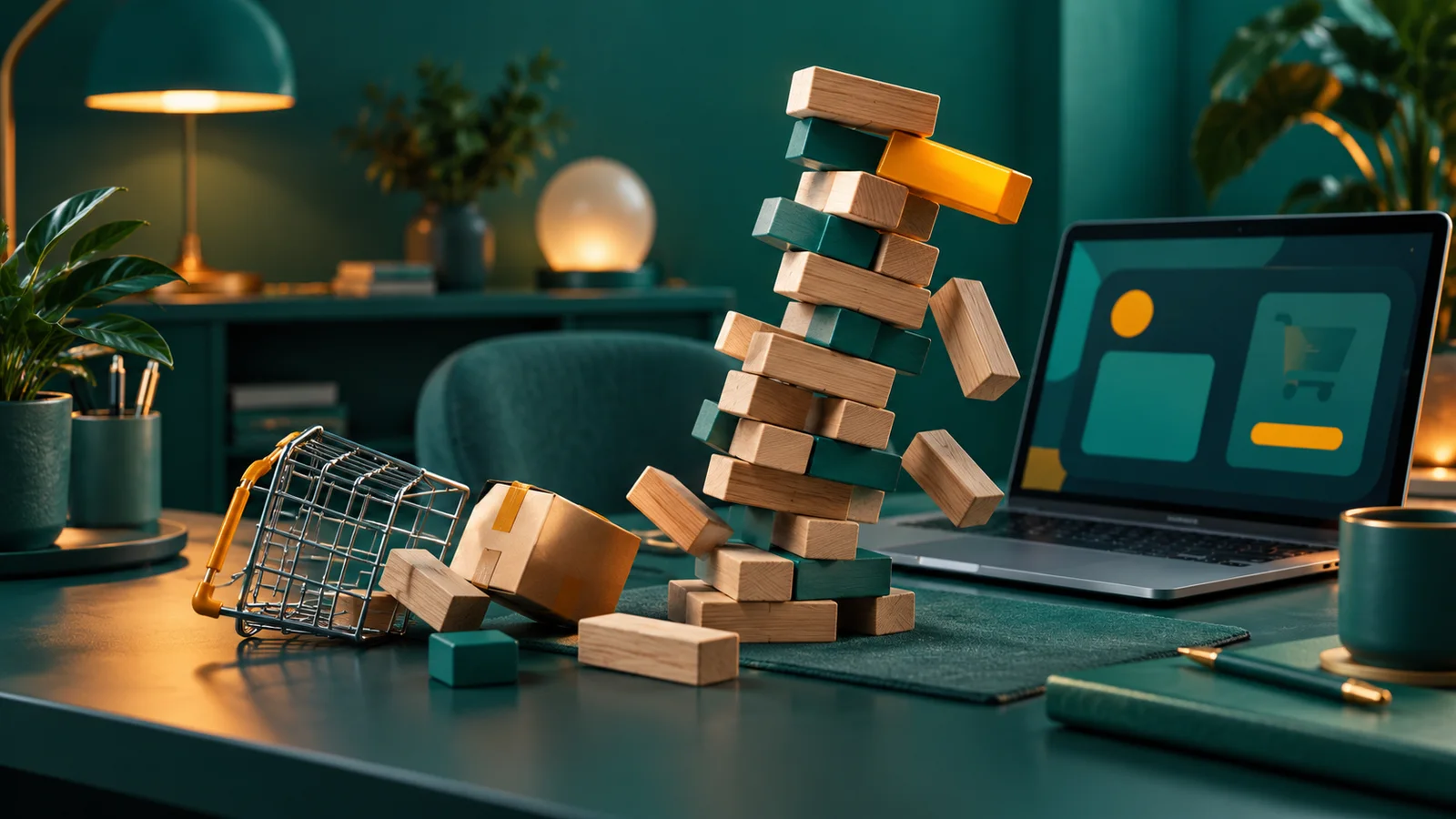 A shaky stack of feature blocks beside a laptop knocks over a shopping basket and delivery parcel.