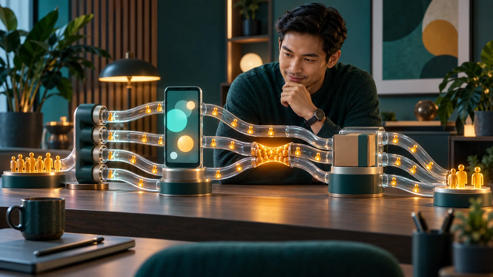 Pemilik usaha mengamati aliran token pelanggan yang tersendat pada satu bagian sistem pemasaran di meja kerja.