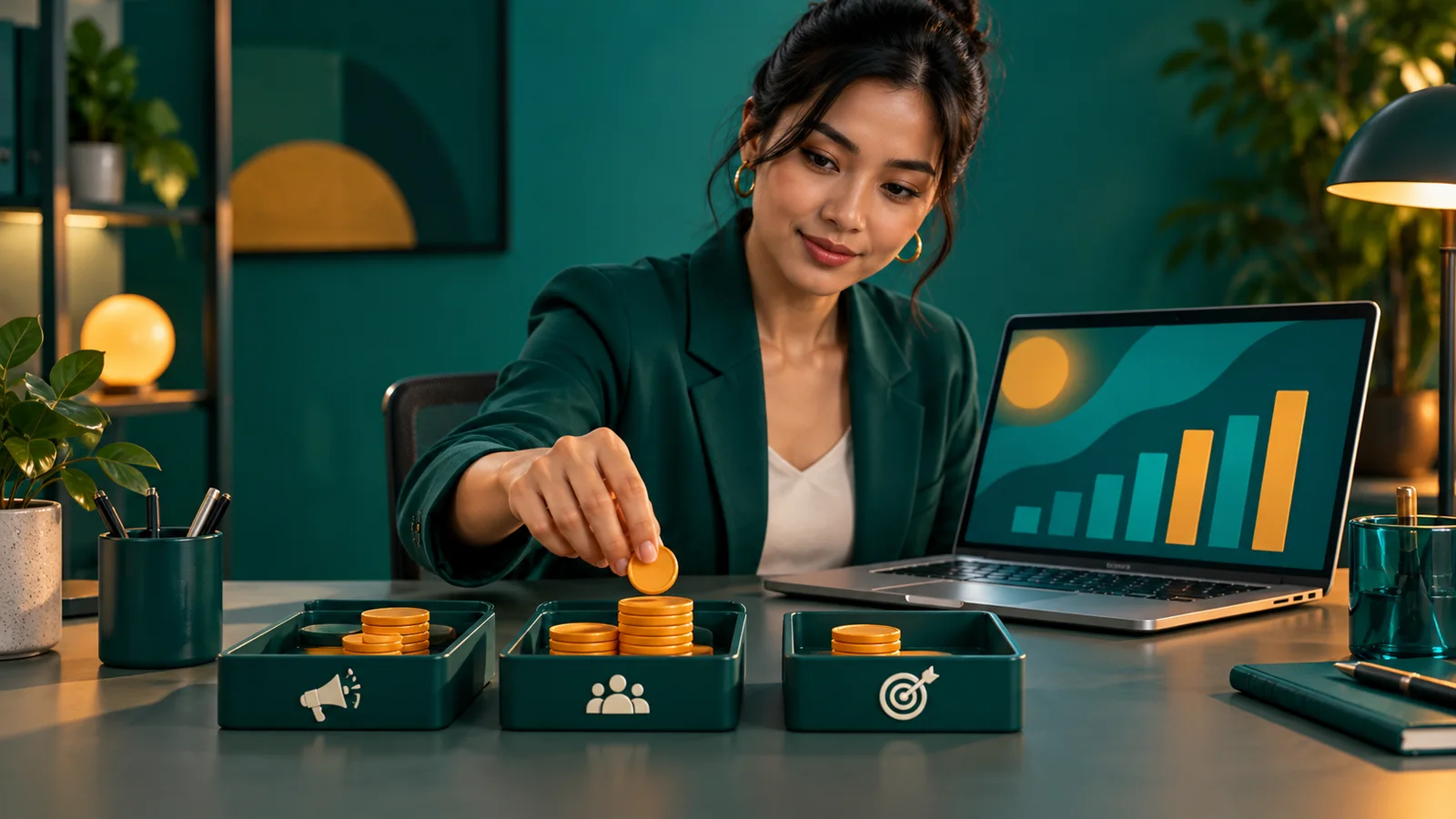 Konsultan marketing meninjau bentuk grafik iklan di laptop sambil memindahkan token anggaran antartray.