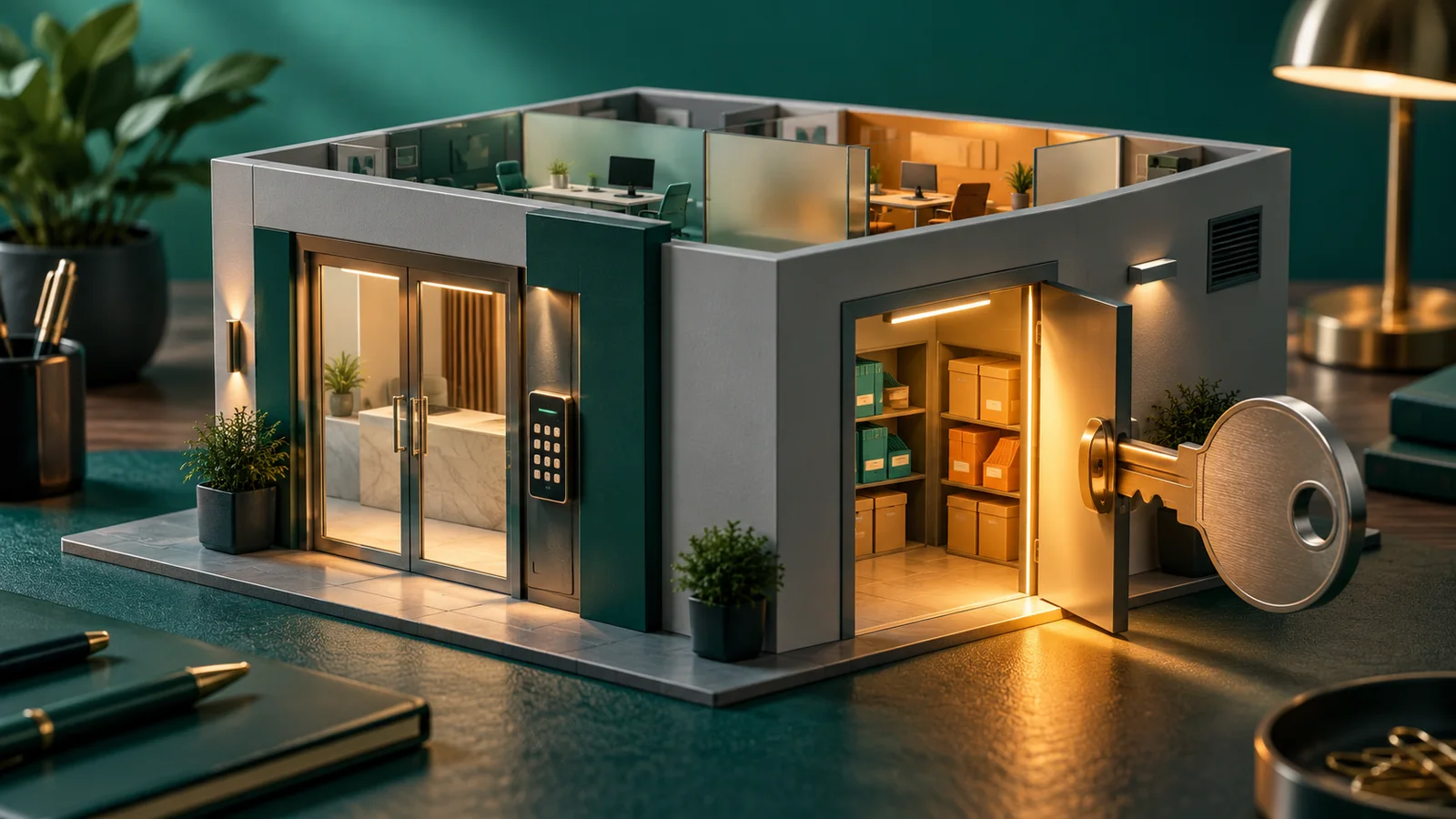 Model kantor dengan pintu depan terkunci, tetapi kunci besar membuka pintu belakang dan memperlihatkan ruang tenant serta berkas.