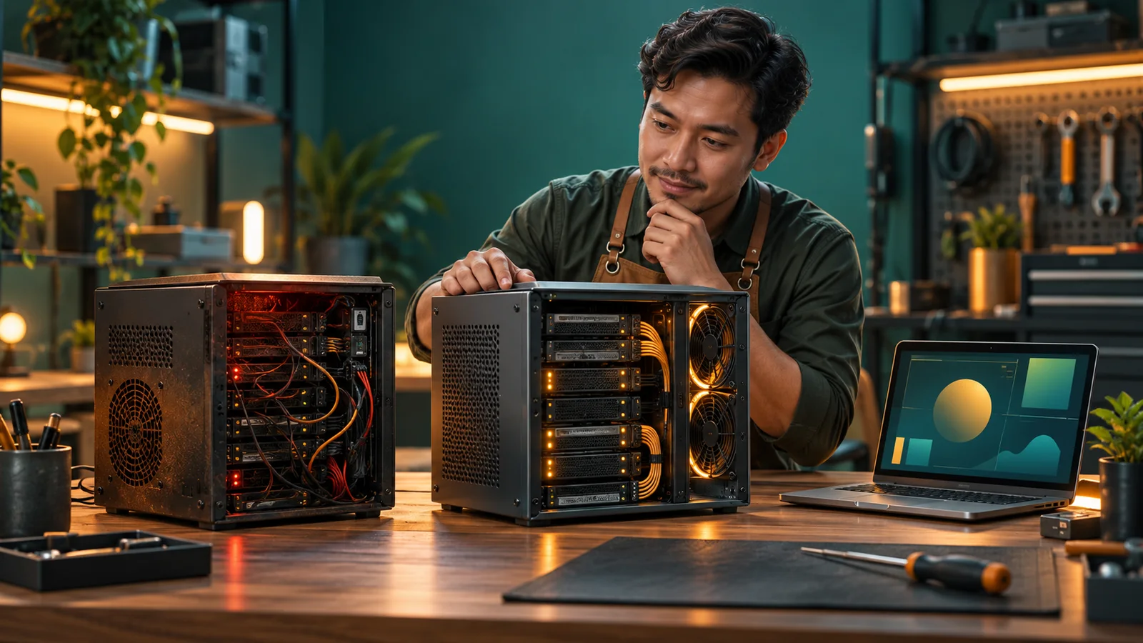 Pemilik usaha Indonesia memeriksa dua server VPS dengan kondisi dan pemasangan berbeda.