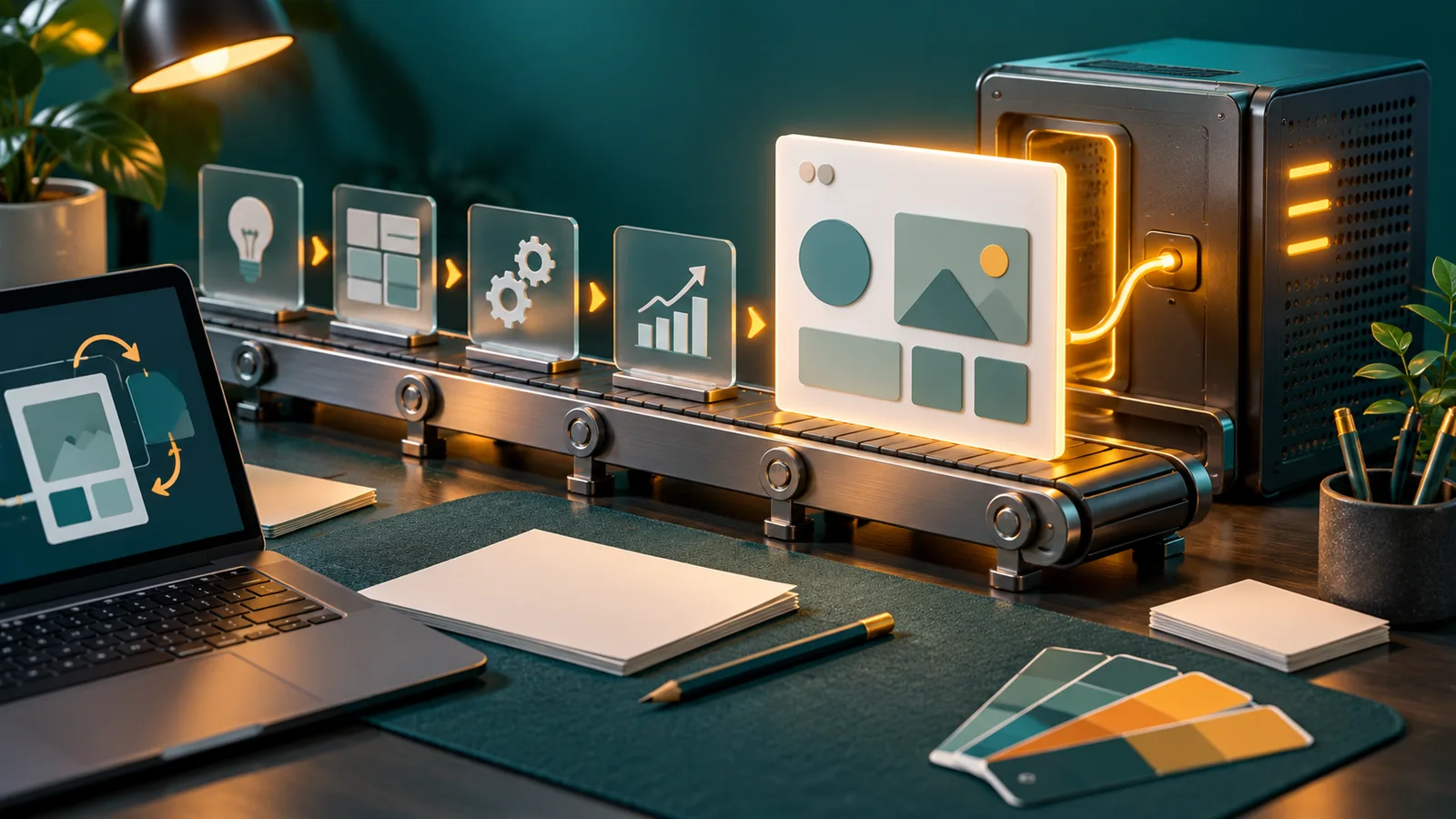 Maket landing page melewati tahapan brief, desain, revisi, QA, hingga hosting di meja kerja.
