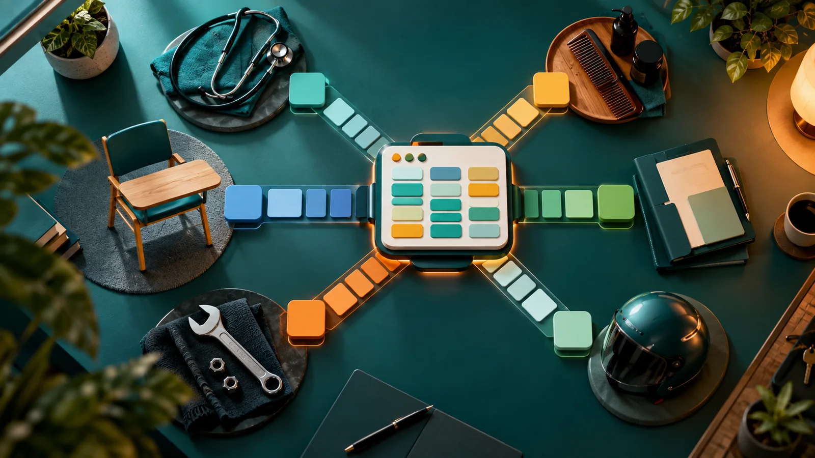 Modular booking board with six different slot lanes and objects representing clinic, salon, class, consulting, workshop, and home service