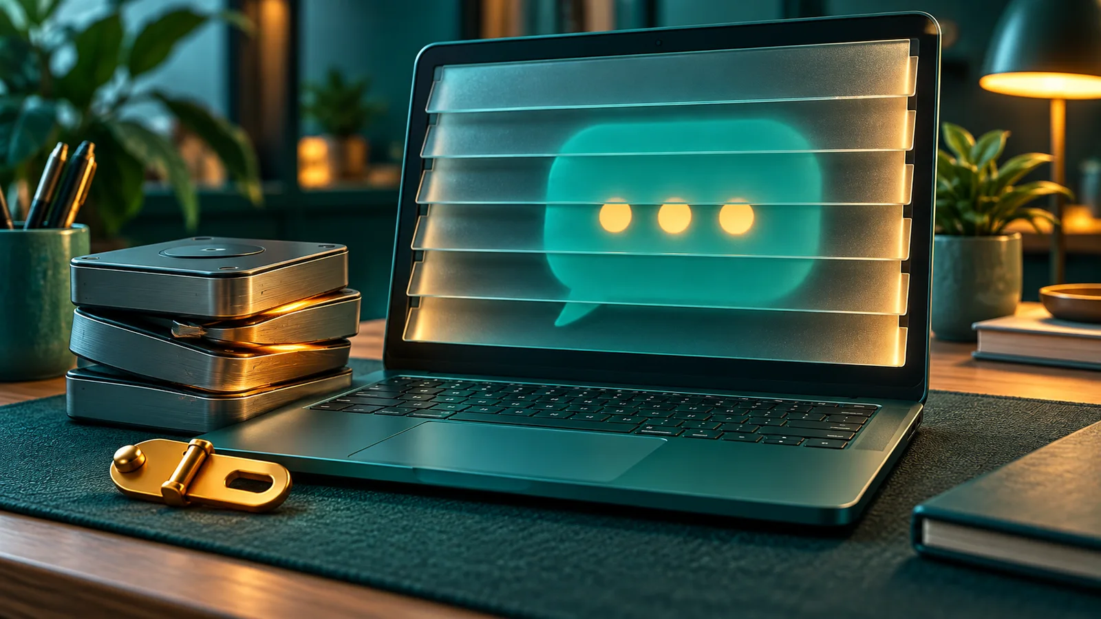Laptop dengan chat abstrak tertahan dan disk penyimpanan macet, menggambarkan bug pembukaan chat desktop akibat SQLite WAL sibuk.