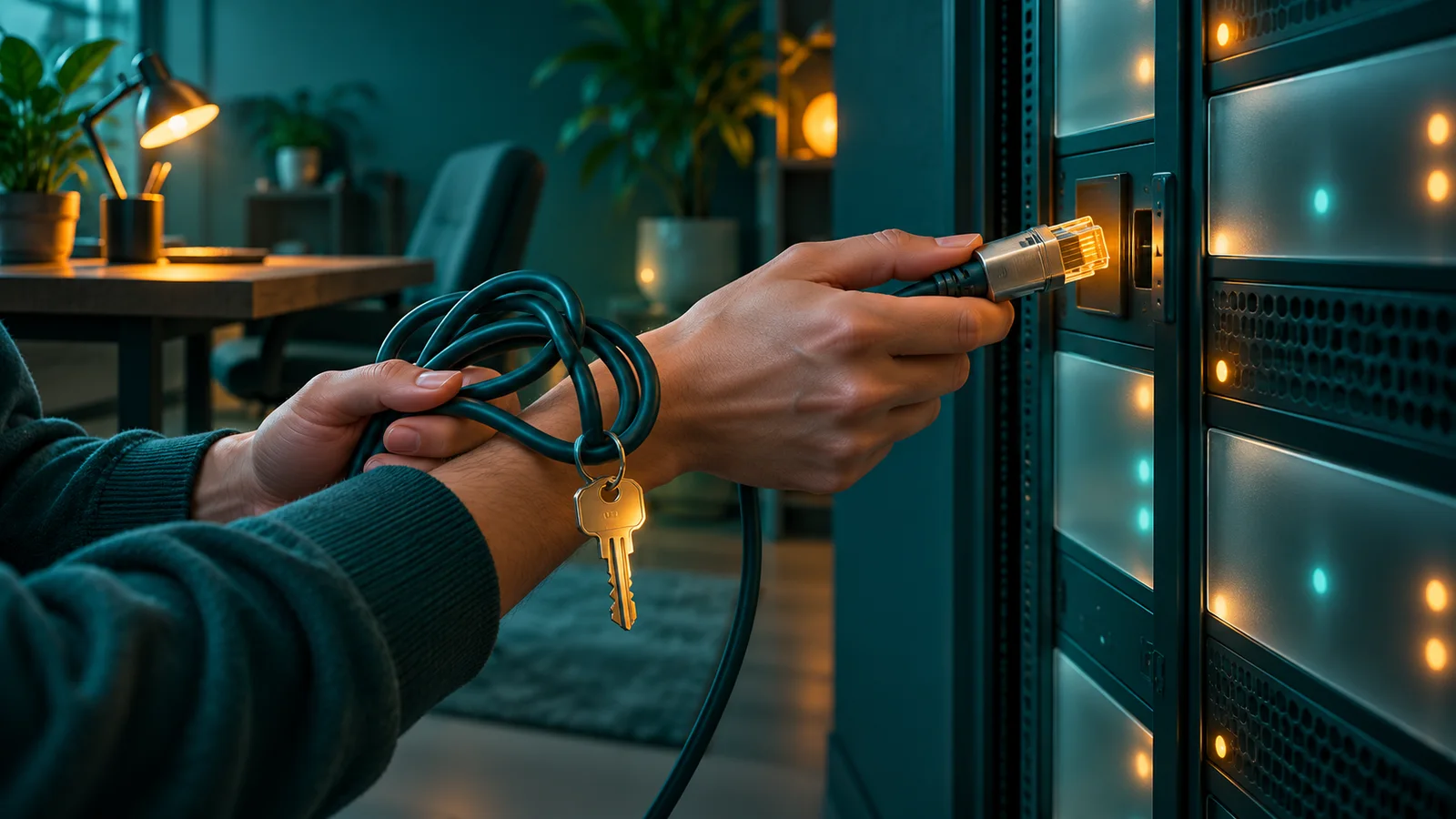 Teknisi menahan kabel sebelum menghubungkan server, dengan kabel melingkar ganda dan kunci tergantung.