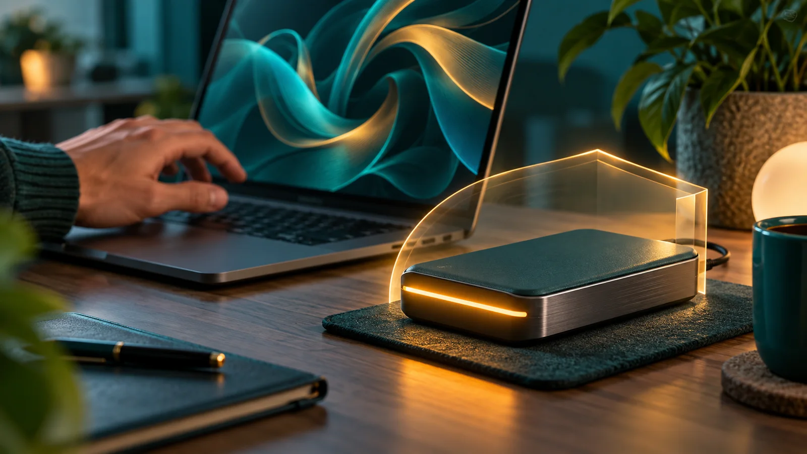 Hard disk eksternal menyimpan cadangan di samping laptop dengan konfigurasi rusak sebelum setup ulang.