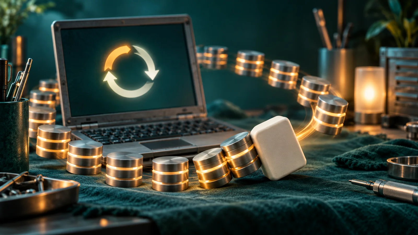 Paket perangkat lunak menjatuhkan tumpukan disk database di sekitar laptop yang terus memulai ulang.