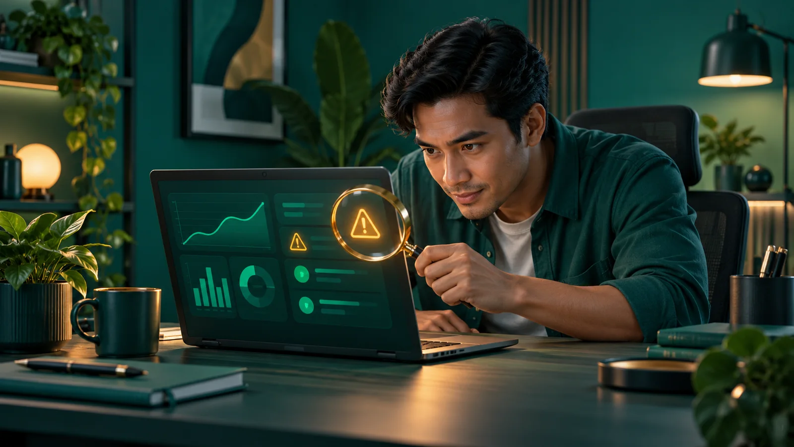 Pekerja operasional memeriksa satu peringatan pada dasbor abstrak di laptop.