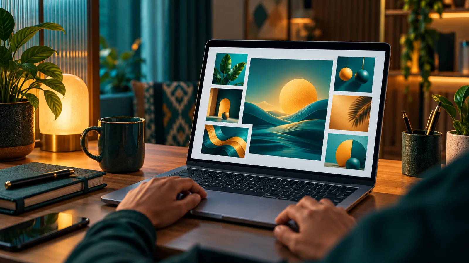 Pemilik usaha kecil membuat ilustrasi dengan laptop di ruang kerja rumah sederhana.
