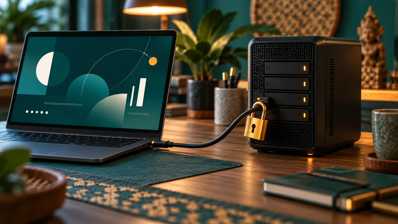 Server kecil terhubung aman ke laptop dengan kabel terkunci di meja kerja rumah