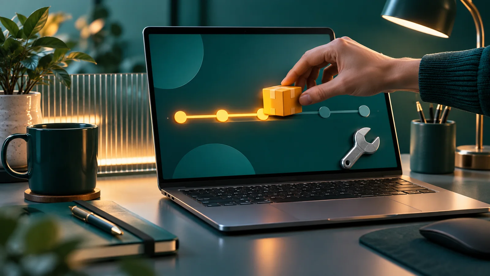 Tangan memasang aplikasi di laptop dengan bilah progres abstrak dan kunci kecil untuk troubleshooting.