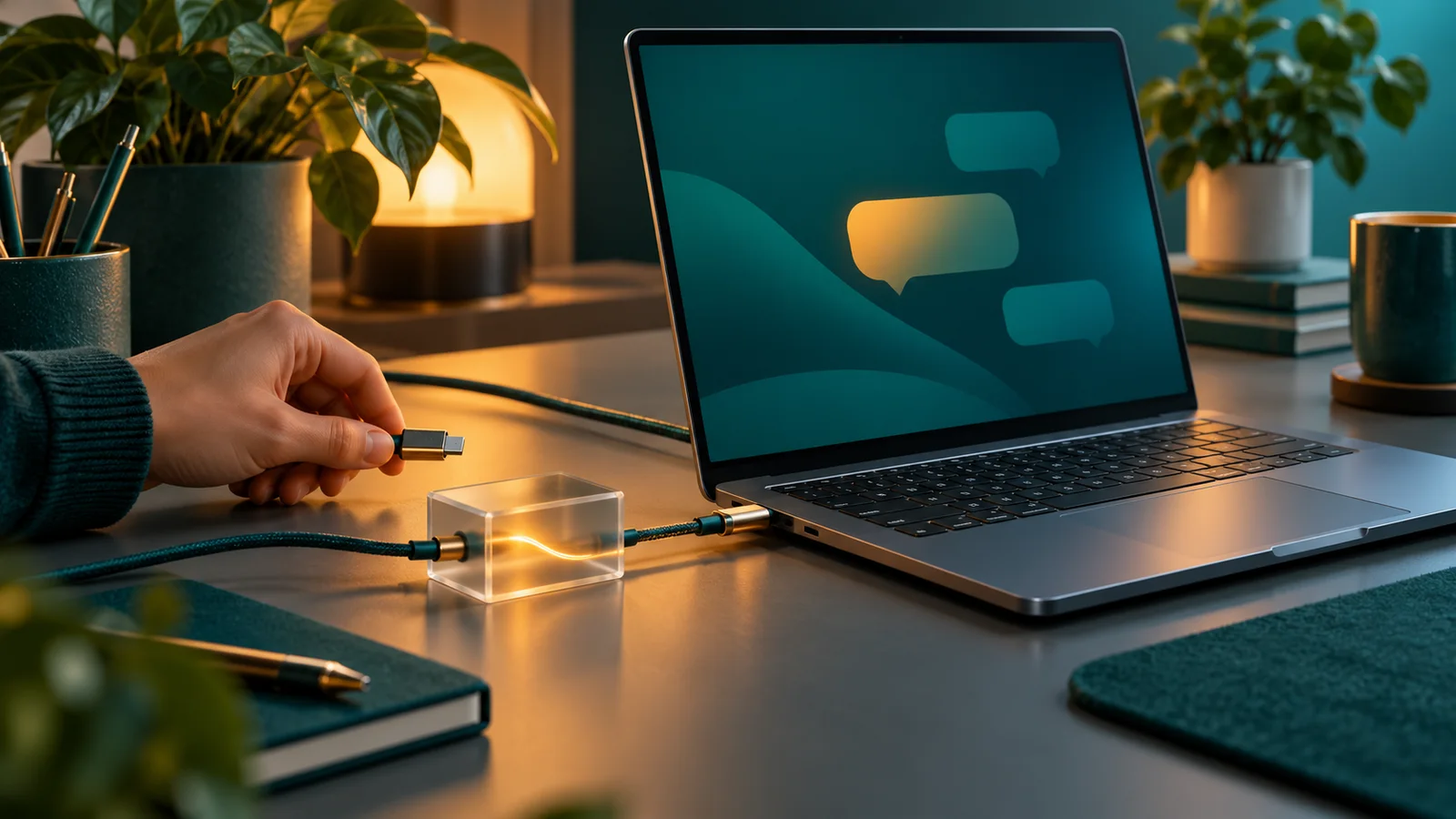 Laptop dengan layar abstrak, kabel langsung, dan kabel melalui kotak transparan di meja kerja.