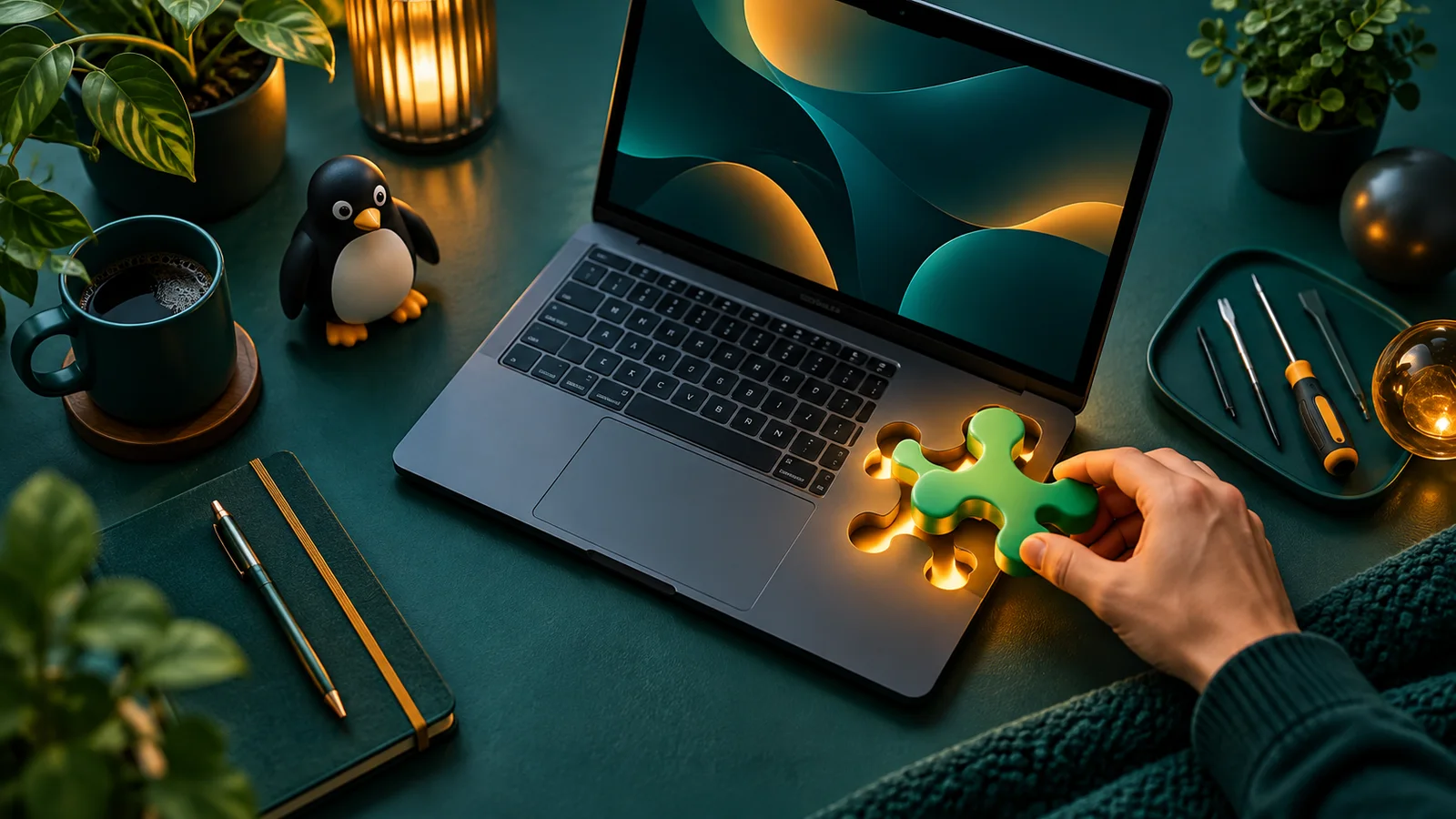 Modul hijau berbentuk cabang dipasang di samping laptop dengan figur penguin, menggambarkan instalasi Node.js di Linux.