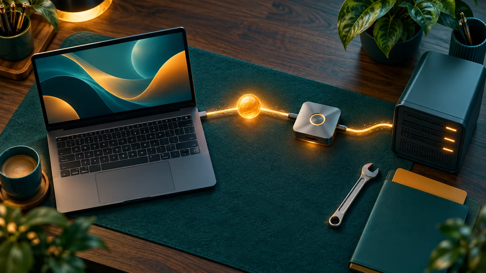 Laptop terhubung ke server melalui hub, dengan kunci pas dan folder di meja kerja.