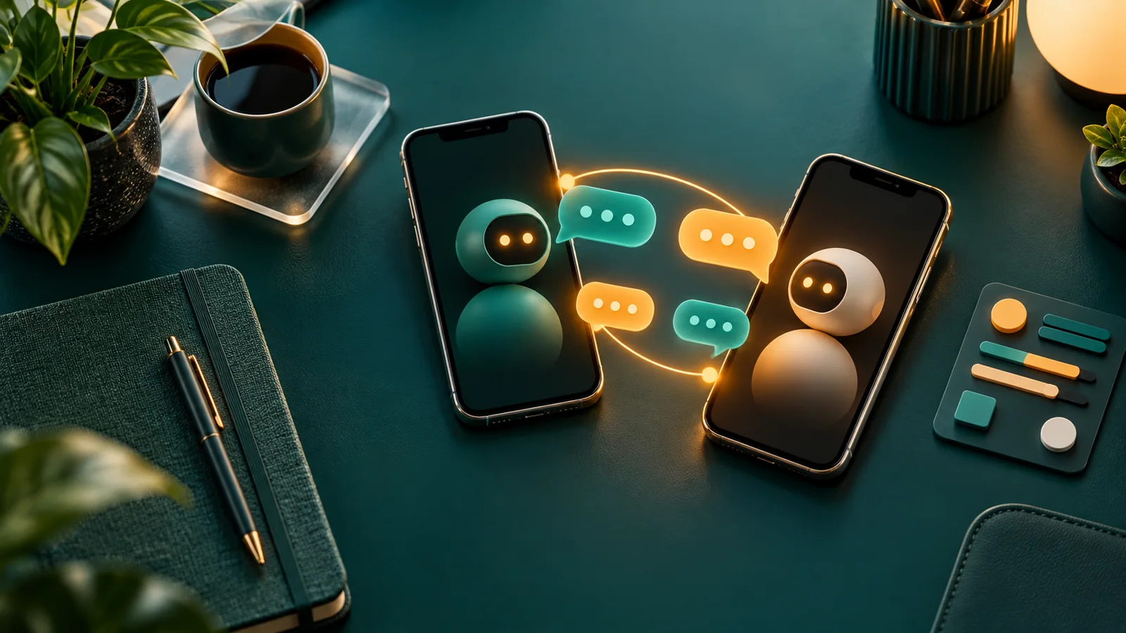Dua ponsel bertukar gelembung chat abstrak melalui koneksi digital di meja kerja.