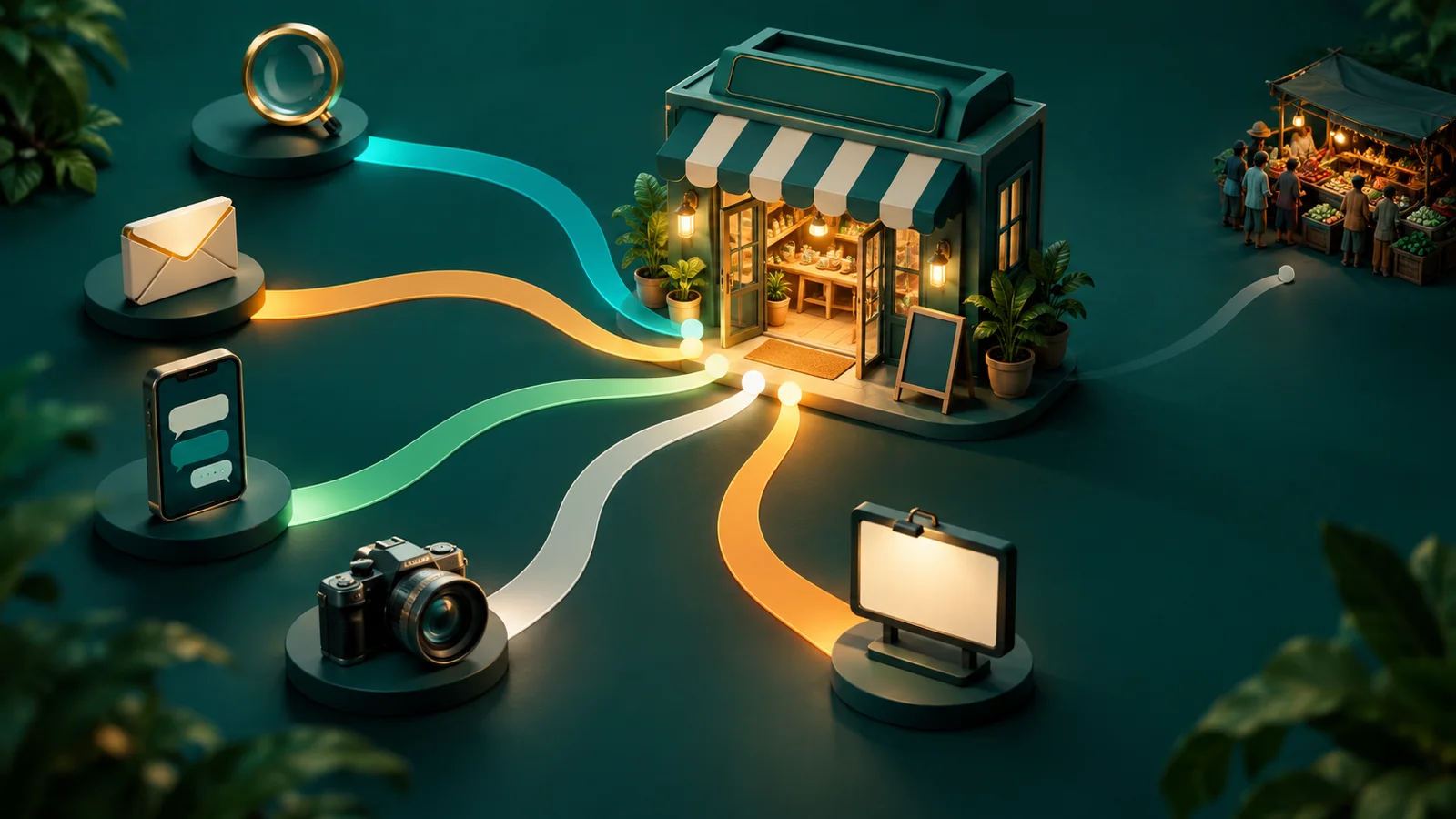 Miniatur toko online dengan banyak jalur traffic dari pencarian, iklan, pesan, email, dan konten menuju pintunya.