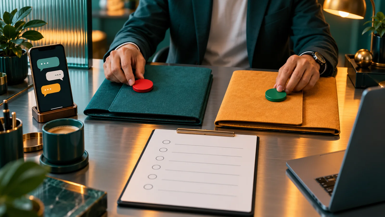 Pemilik usaha menilai dua folder konsultan dengan scorecard kosong dan penanda merah-hijau.