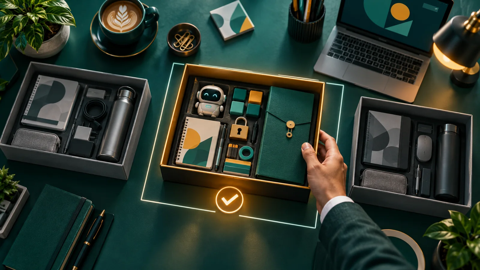 Tangan manajer memilih kit pelatihan AI dengan modul, gembok keamanan, materi praktik, dan folder hasil sesi di meja kantor.