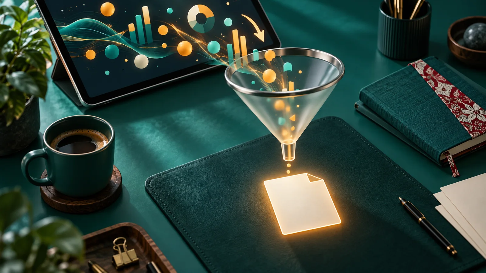 Funnel menyaring data pencarian abstrak menjadi satu ide artikel di meja kerja Indonesia.