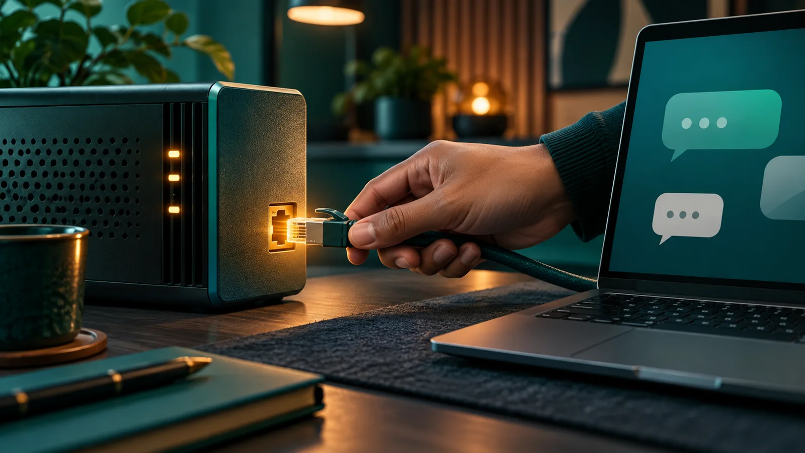 Tangan menyambungkan kabel jaringan lepas antara server kecil dan laptop dengan percakapan abstrak terputus.