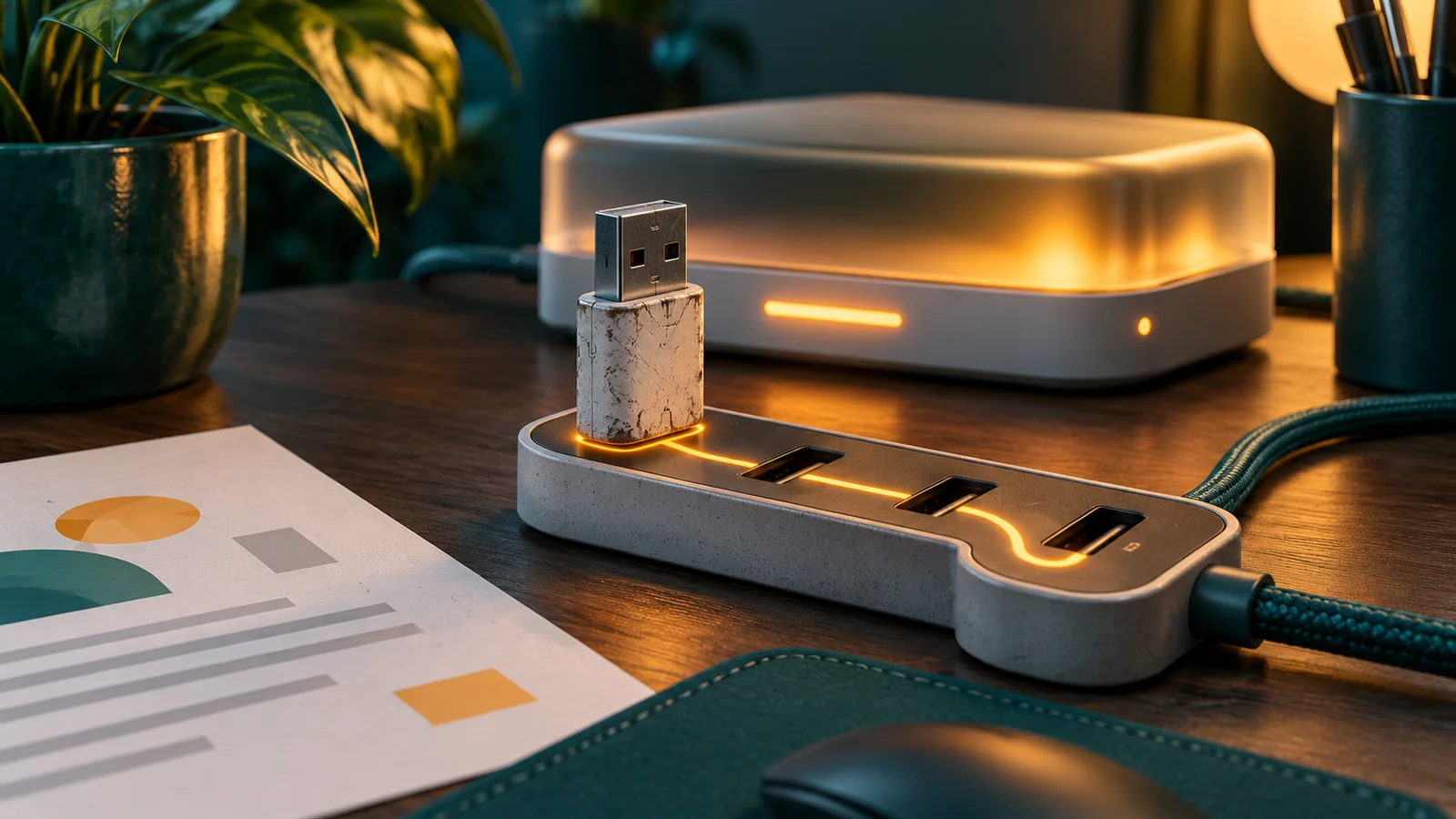 Adaptor USB lama menghalangi jalur perangkat gateway baru yang tetap menyala di meja kerja.