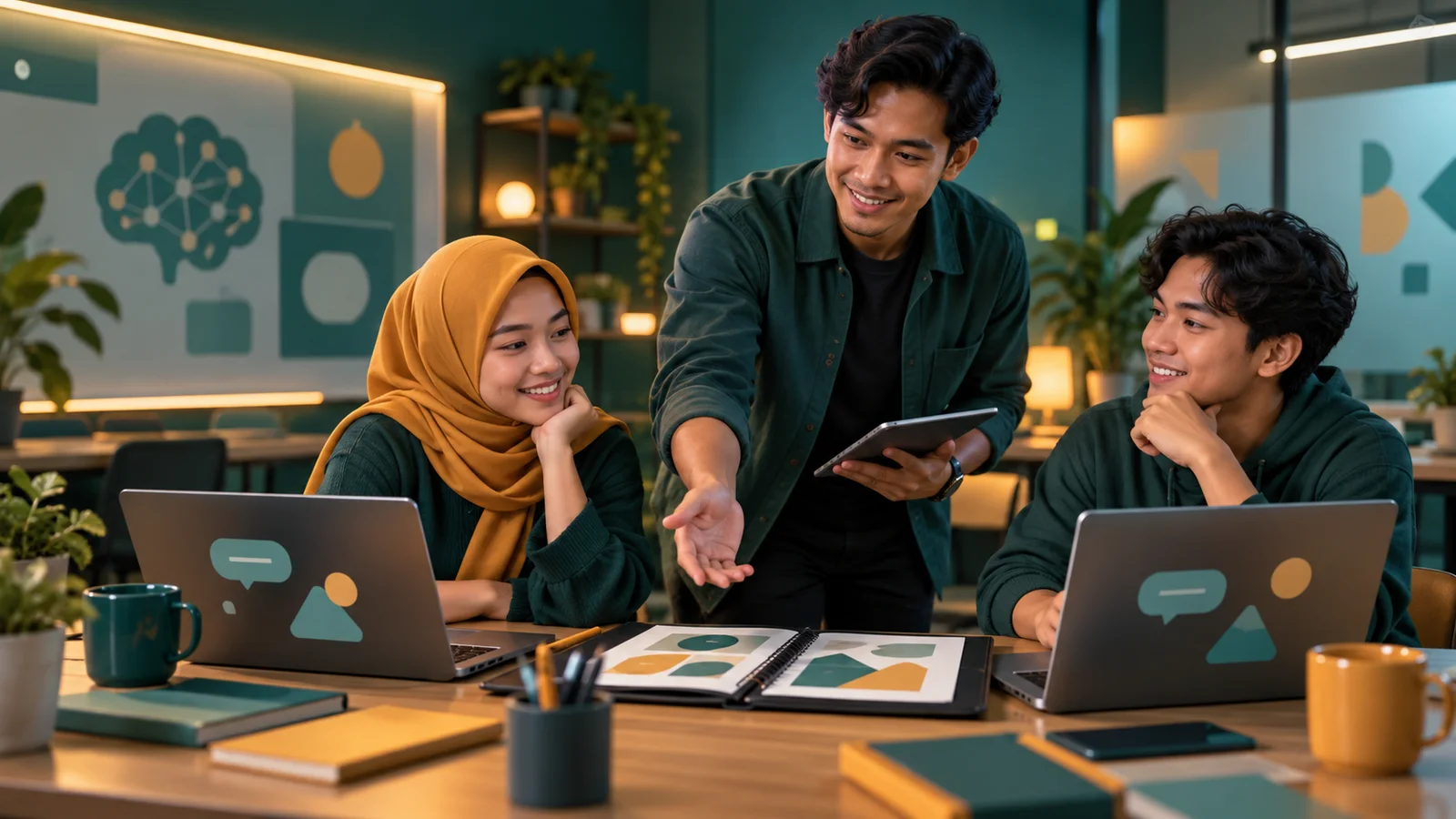 Pelatih AI Indonesia membimbing peserta di kelas dengan laptop abstrak dan map portofolio tanpa tulisan.