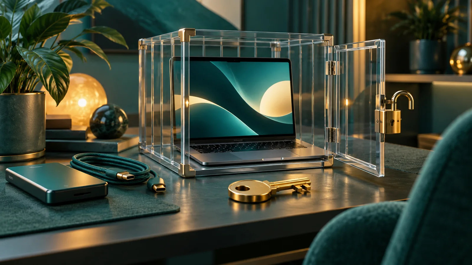 Laptop keluar dari kandang pengaman dengan kunci persetujuan dan cadangan untuk menggambarkan perpindahan ke mode host penuh.